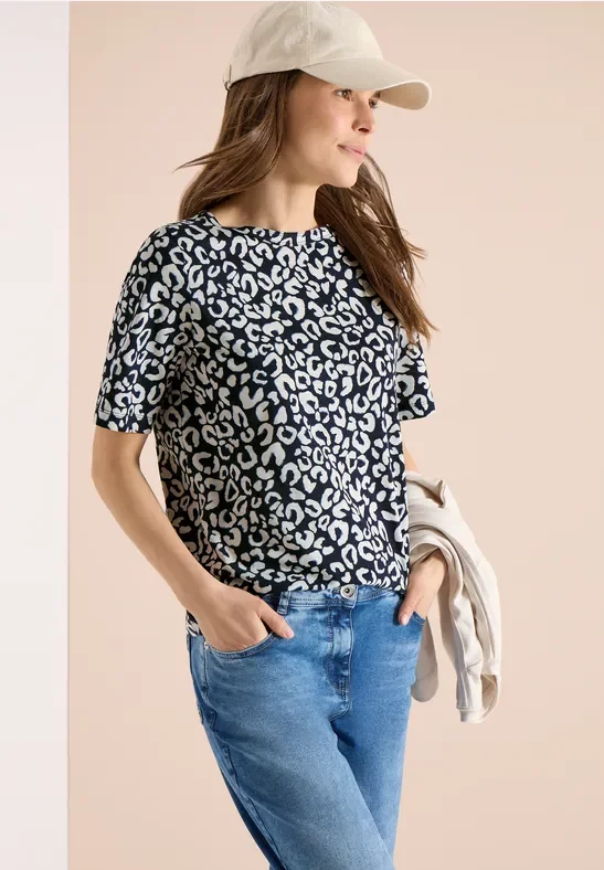 Cecil Damen Shirt mit Boatneck und Leo-Print in Blau, Gr: S