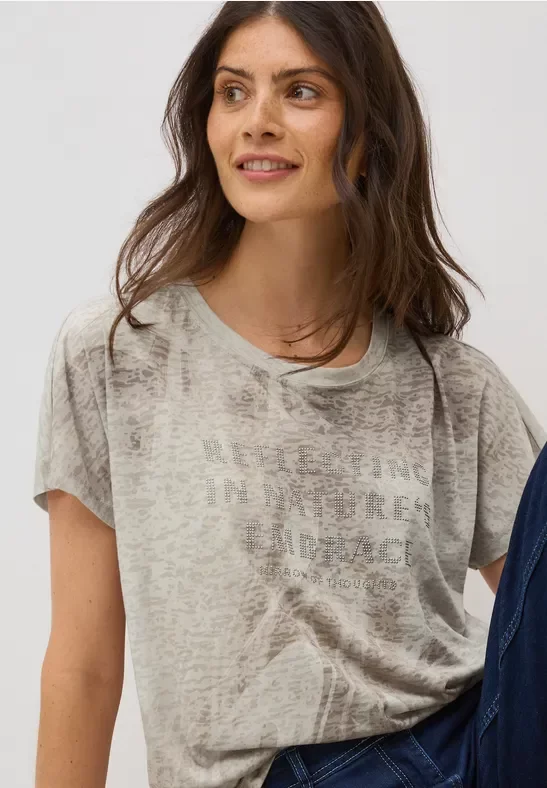 Cecil Damen Ausbrenner Wording Shirt in Braun, Gr: XXL