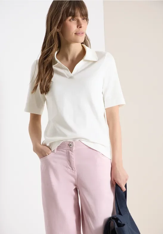Cecil Damen Kurzarm Poloshirt in Unifarbe in Weiß, Gr: L
