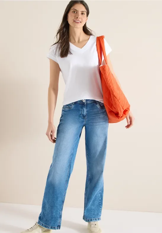 Cecil Damen Kurzarm Shirt mit V-Neck in Unifarbe in Weiß, Gr: L