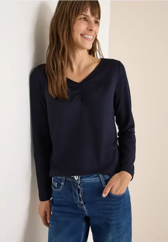 Cecil Damen Basic Shirt mit Raffung in Blau, Gr: L