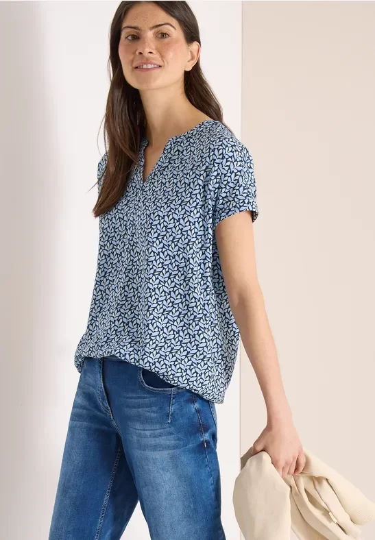 Cecil Damen Bluse mit Split Neck und Minimal Print in Blau, Gr: XXL