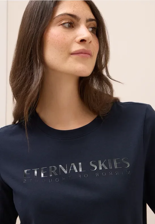 Thumbnail - Cecil Damen T-Shirt mit Wording Artwork in Blau, Gr: M