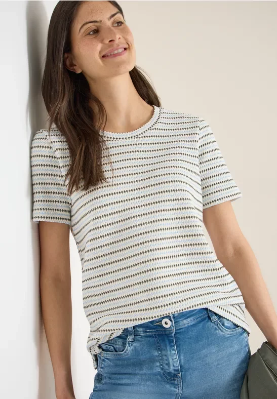 Thumbnail - Cecil Damen Kurzarm Shirt mit Rundhals und Struktur in Weiß, Gr: XL