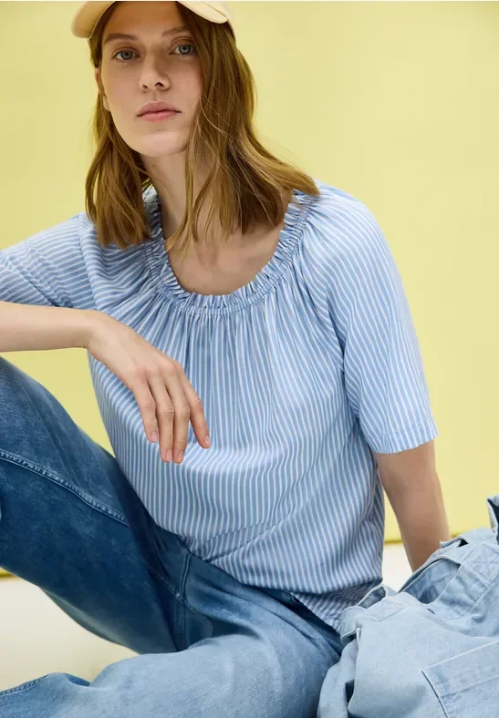 Thumbnail - Cecil Damen Bluse mit elastischem Kragen in Blau, Gr: XS