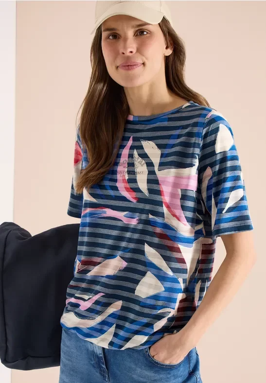 Cecil Damen Kurzarm Shirt mit Ausbrennerstreifen in Blau, Gr: L