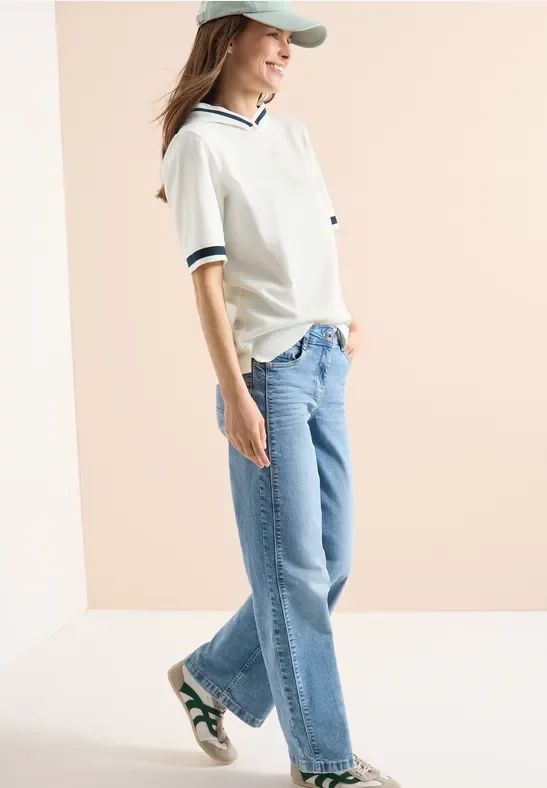 Cecil Damen Kurzarm Shirt mit Kapuze und Rippdetails in Weiß, Gr: XXL