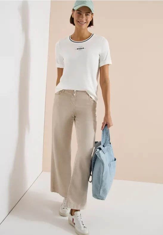 Cecil Damen T-Shirt mit Rippdetails in Weiß, Gr: L