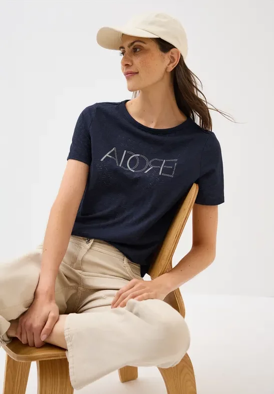 Cecil Damen Ausbrenner-Shirt mit Wording in Blau, Gr: L