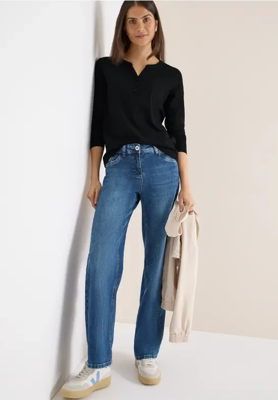Thumbnail - Cecil Damen Split Neck Langarmshirt in Schwarz, Gr: L