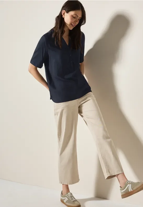 Thumbnail - Cecil Damen Kurzarmbluse in Unifarbe in Blau, Gr: XS