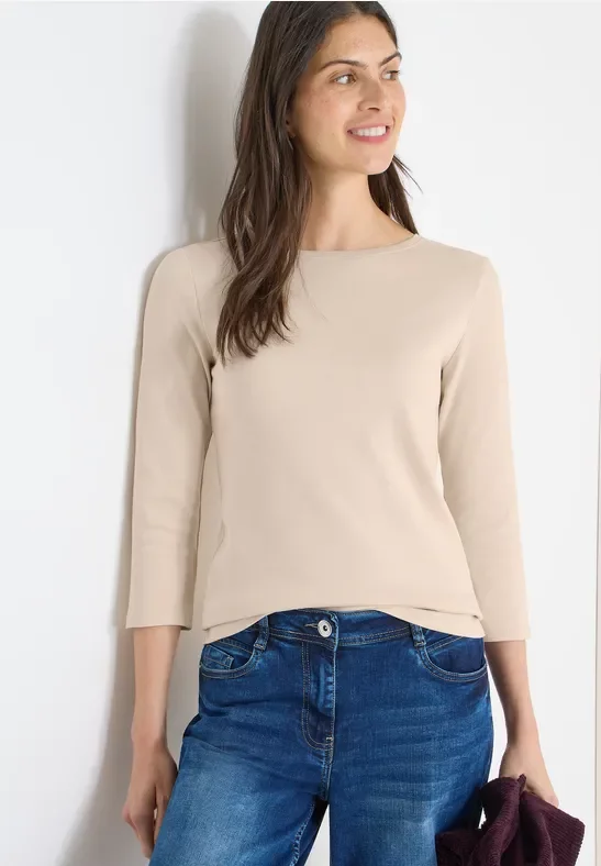 Thumbnail - Cecil Damen Basic Shirt in Unifarbe in Beige, Gr: M