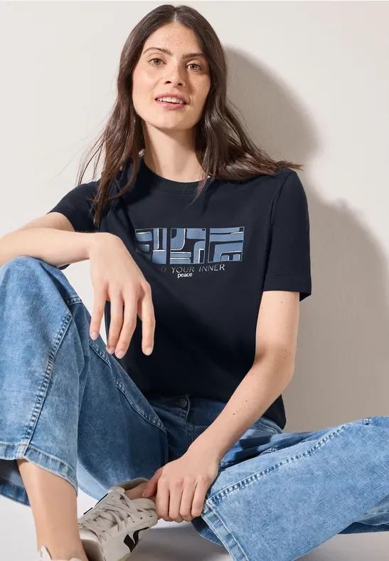 Thumbnail - Cecil Damen Basic T-Shirt mit Print in Blau, Gr: XS