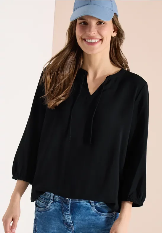 Cecil Damen 3/4-Arm Bluse mit Split Neck in Schwarz, Gr: 3XL