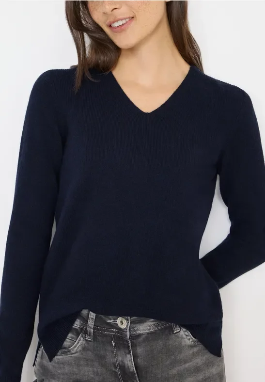 Cecil Damen Kuscheliger V-Neck Pullover in Blau, Gr: XS