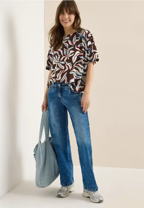 Thumbnail - Cecil Damen Kurzarm Bluse mit Print und Knöpfen in Braun, Gr: XL