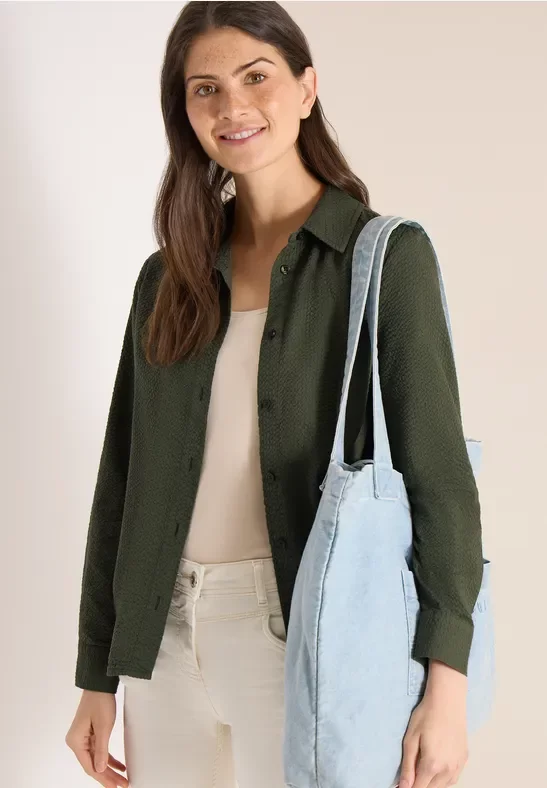 Thumbnail - Cecil Damen Langarm Bluse mit Struktur und Knöpfen in Grün, Gr: XS