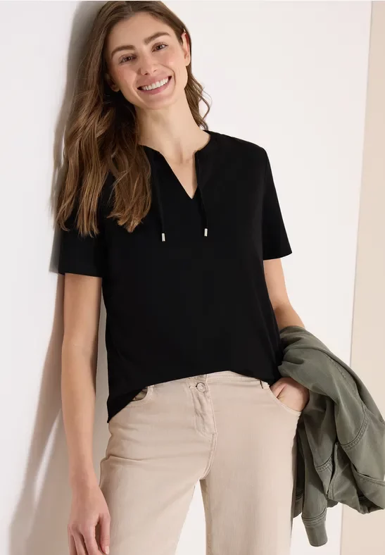 Cecil Damen Kurzarm Shirt mit Split Neck in Schwarz, Gr: 3XL