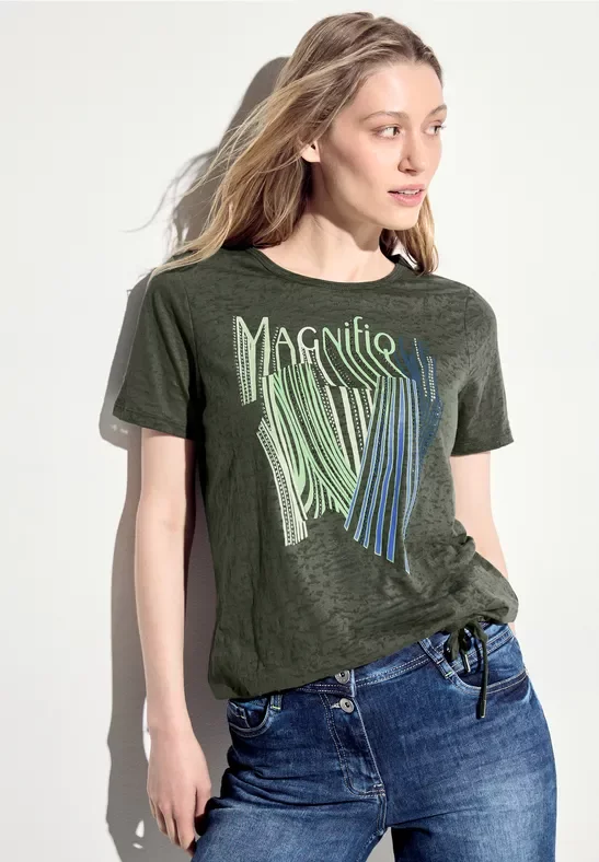 Cecil Damen Burn Out T-Shirt mit Print in Grün, Gr: XS