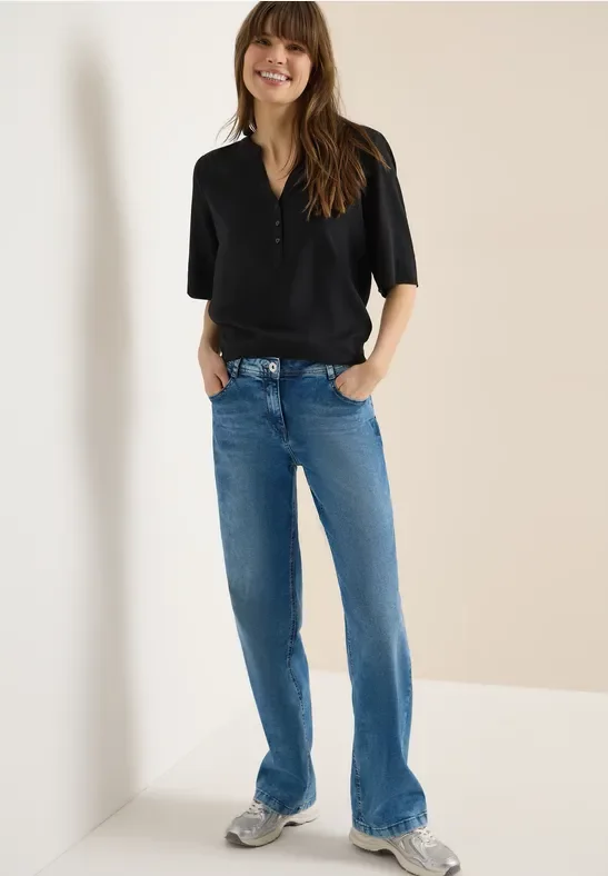 Cecil Damen Bluse mit Split Neck und Elastiksaum in Schwarz, Gr: XL