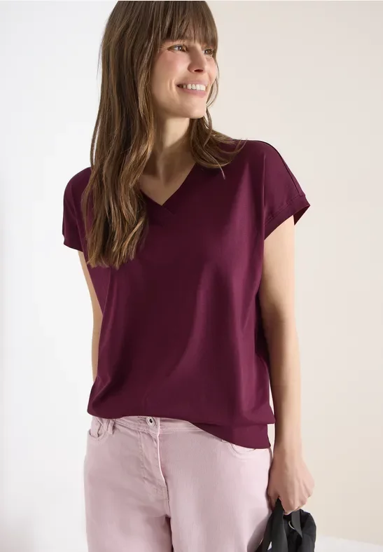 Cecil Damen Kurzarm Shirt mit V-Neck in Unifarbe in Rot, Gr: XS
