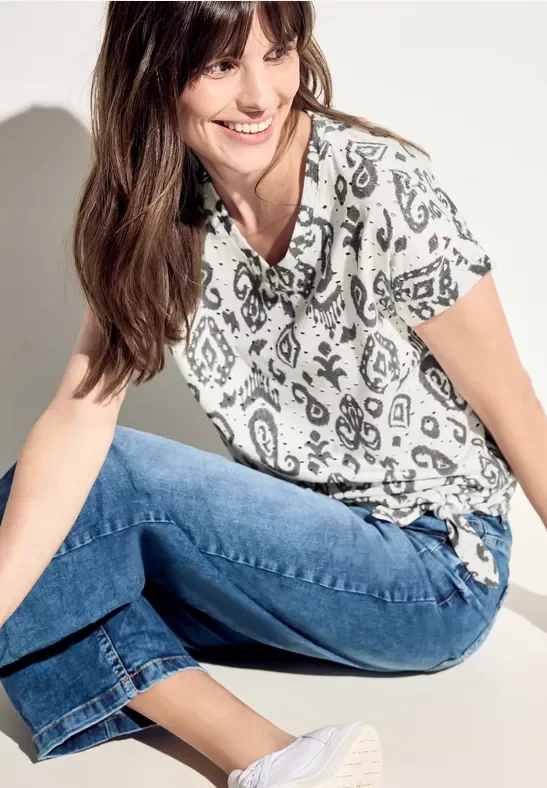 Cecil Damen Ajour T-Shirt mit Print in Weiß, Gr: S