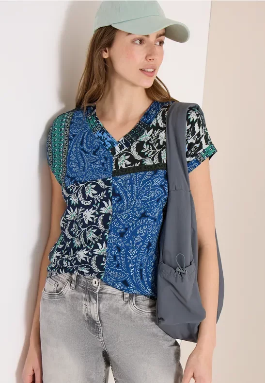 Cecil Damen T-Shirt mit V-Neck und Patchwork-Print in Blau, Gr: XS