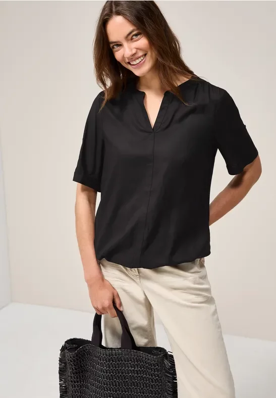 Cecil Damen Split Neck Viskose-Bluse in Schwarz, Gr: XXL