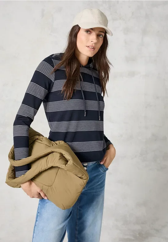 Thumbnail - Cecil Damen Gestreiftes Kapuzenshirt in Blau, Gr: XXL