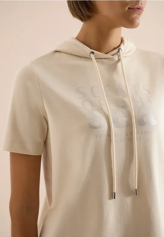 Cecil Damen Kurzarm Shirt mit Kapuze und Wording in Beige, Gr: XXL