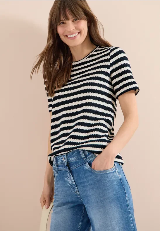 Cecil Damen Shirt mit Rundhals im Ajour-Look in Blau, Gr: XXL