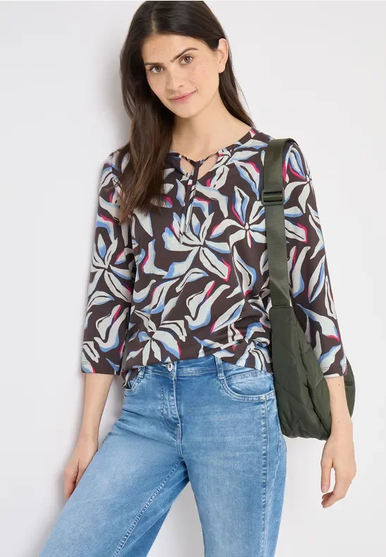 Cecil Damen Shirt mit Split Neck und Print in Braun, Gr: XXL