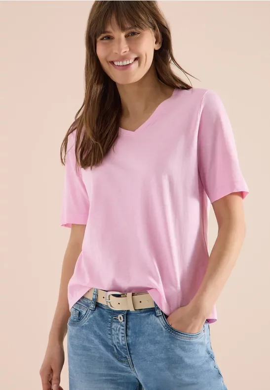 Cecil Damen Basic T-Shirt mit V-Neck in Rosa, Gr: XS