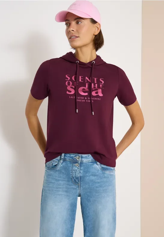 Cecil Damen Kurzarm Shirt mit Kapuze und Wording in Rot, Gr: L