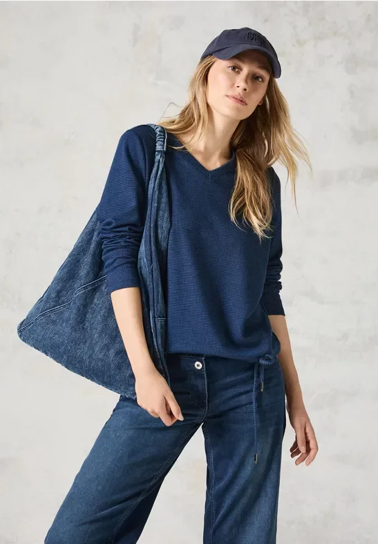 Cecil Damen Jaquard-Shirt mit V-Neck in Blau, Gr: XS