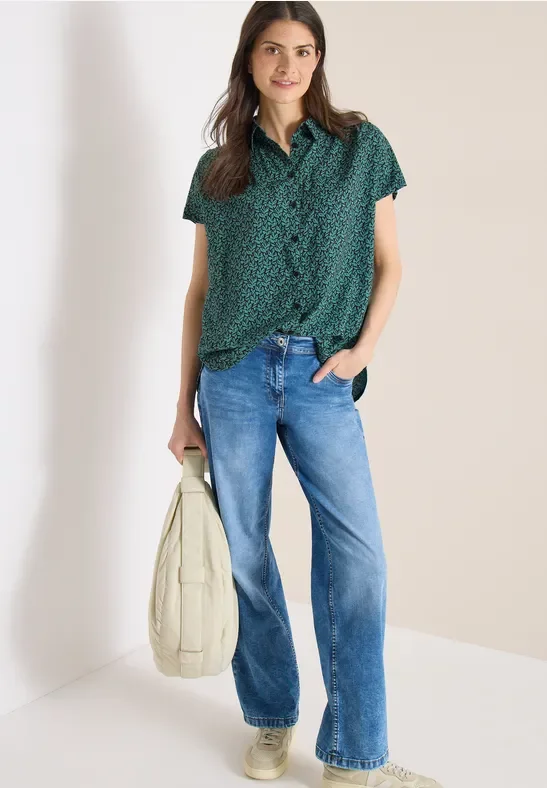 Cecil Damen Kurzarm Bluse mit Knopfleiste in Grün|Multicolour, Gr: 3XL