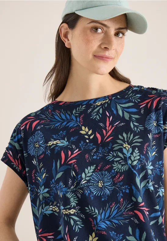 Cecil Damen Shirt mit Rundhals und Raffung in Blau|Multicolour, Gr: XXL