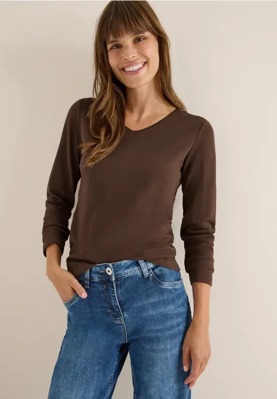 Thumbnail - Cecil Damen V-Neck Langarmshirt in Braun, Gr: XXL