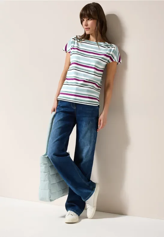 Thumbnail - Cecil Damen Gestreiftes T-Shirt in Multicolour|Grün, Gr: S