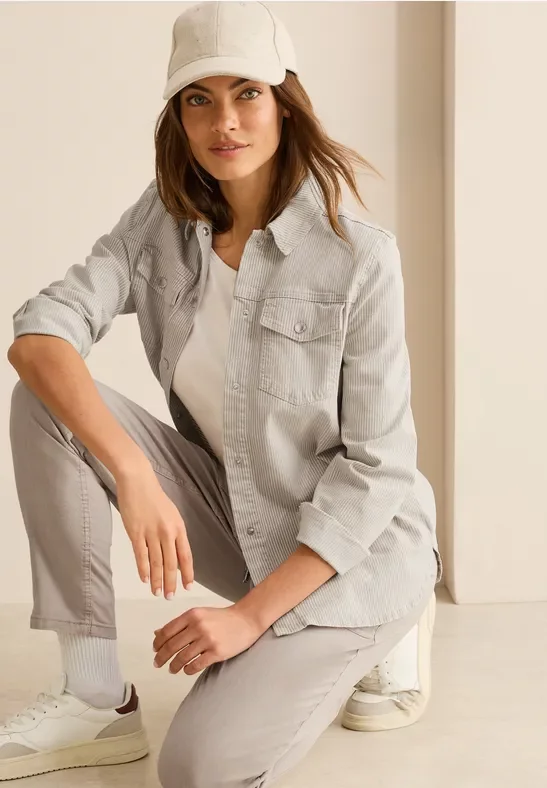 Cecil Damen Gestreiftes Jeans-Overshirt in Beige, Gr: XS