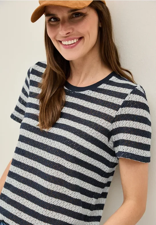 Cecil Damen Gestreiftes Ajour T-Shirt in Blau, Gr: XS