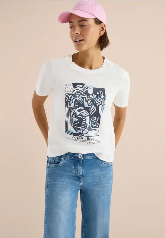 Cecil Damen Shirt mit Rundhals und maritimem Print in Weiß, Gr: M