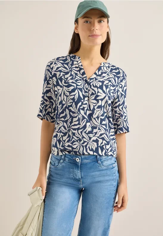 Cecil Damen Bluse mit Split Neck und Elastiksaum in Blau, Gr: XL