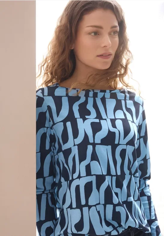 Cecil Damen Bedrucktes Rippstrukturshirt in Blau, Gr: XXL