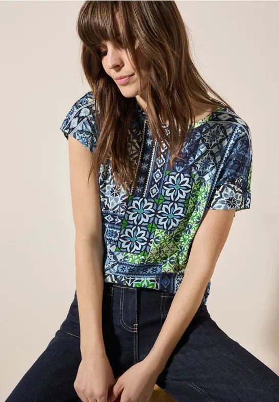 Thumbnail - Cecil Damen T-Shirt mit Muster in Blau, Gr: S