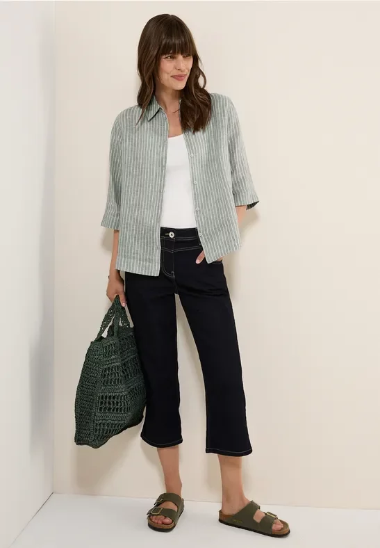 Thumbnail - Cecil Damen Gestreifte Leinen-Hemdbluse in Grün, Gr: XXL