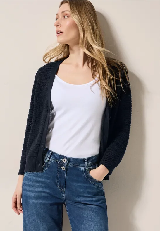 Thumbnail - Cecil Damen Cardigan mit Häkel-Struktur in Blau, Gr: XXL