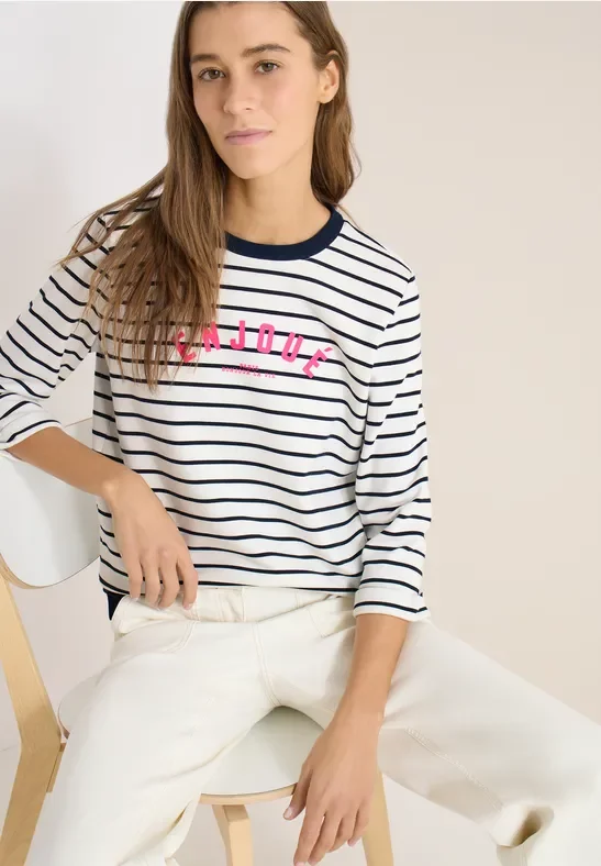 Cecil Damen 3/4-Arm Sweatshirt mit Streifenmuster in Blau, Gr: S