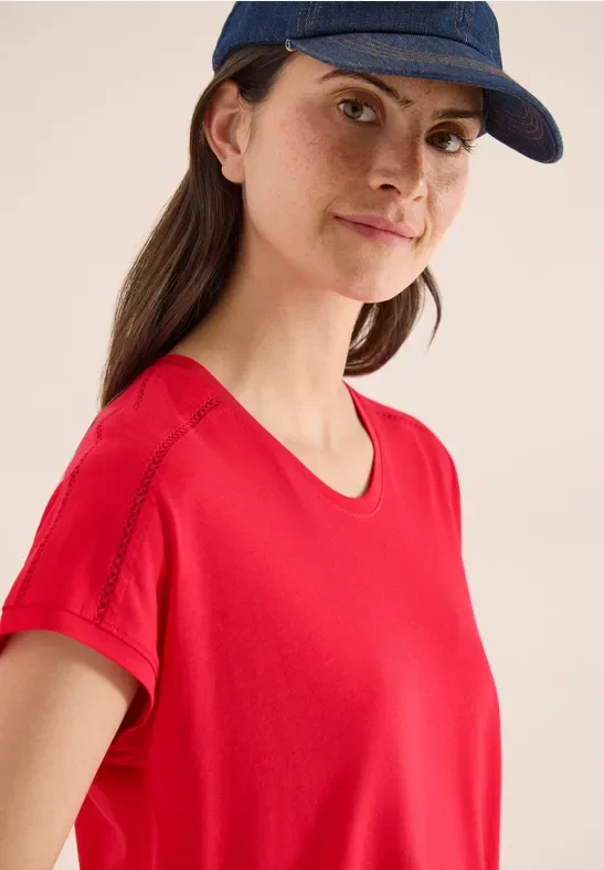 Cecil Damen T-Shirt mit V-Neck und Spitzendetail in Rot, Gr: XXL