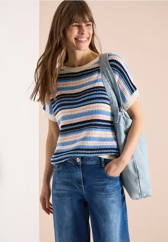 Cecil Damen Kurzarm Pullover aus Bändchengarn in Blau, Gr: XS